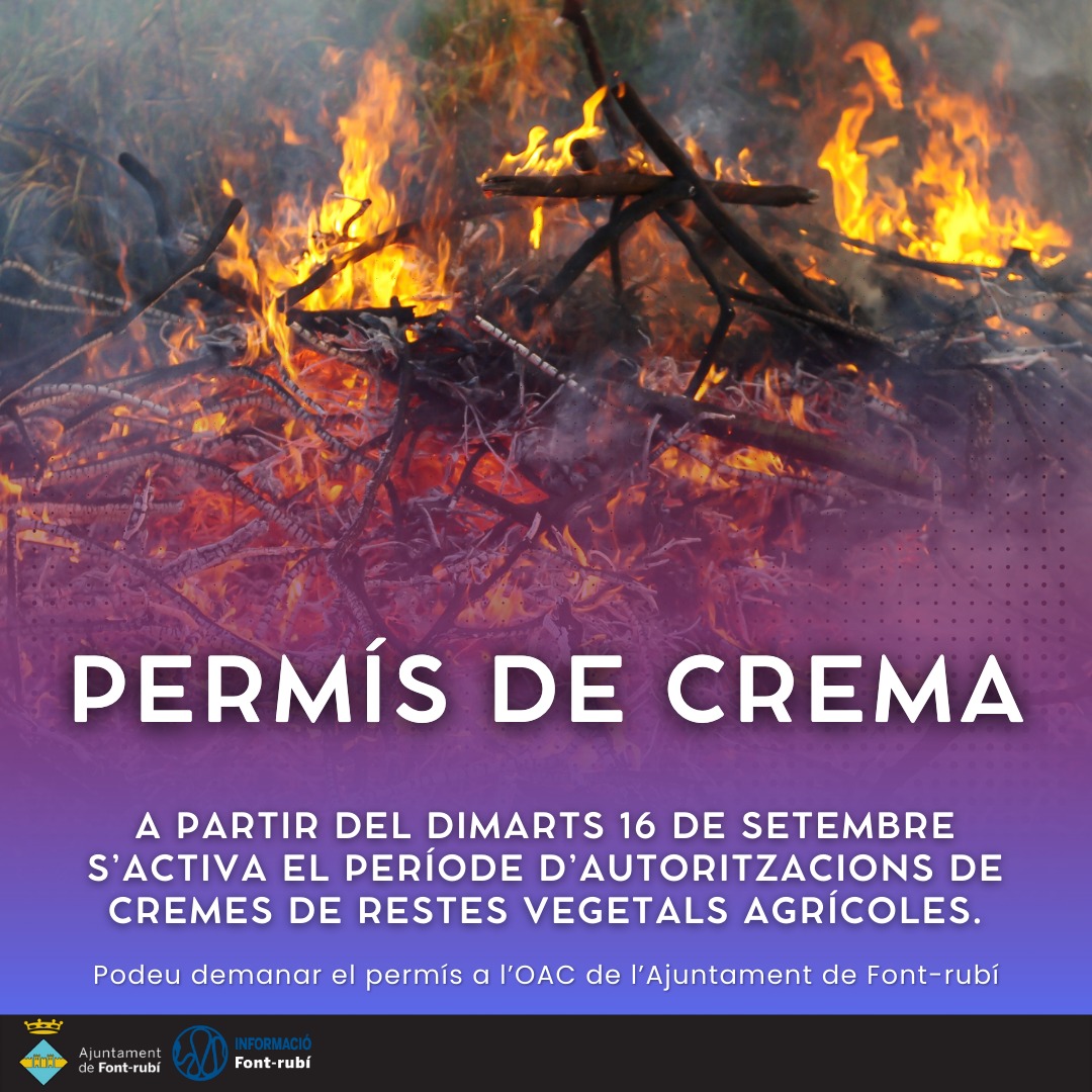 Permisos de crema de restes vegetals agrícoles - Setembre 2025